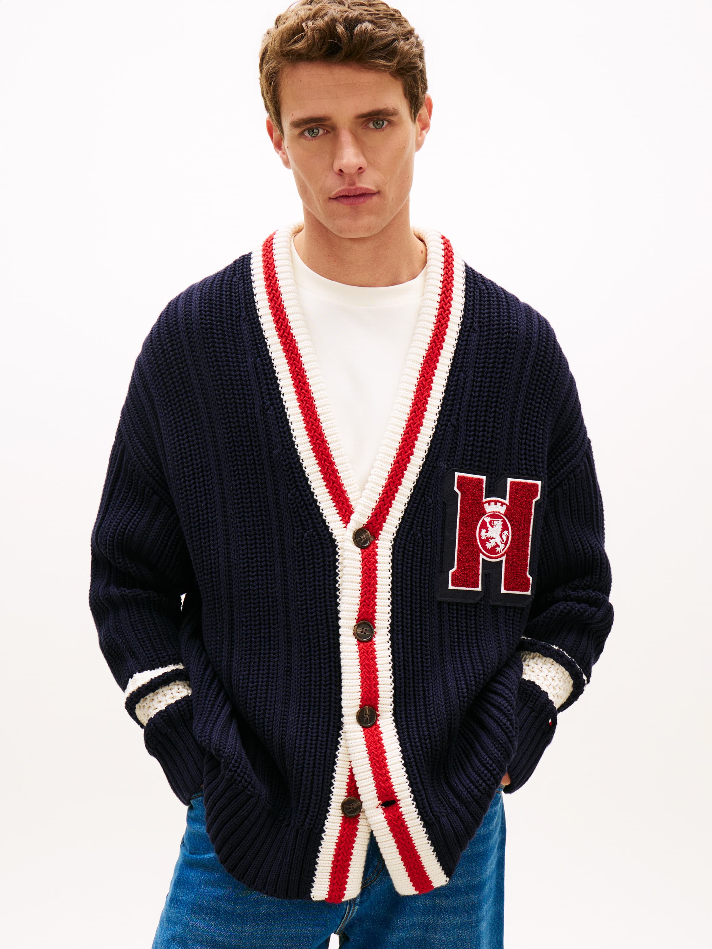 Chunky Rib-Knit Letterman Cardigan