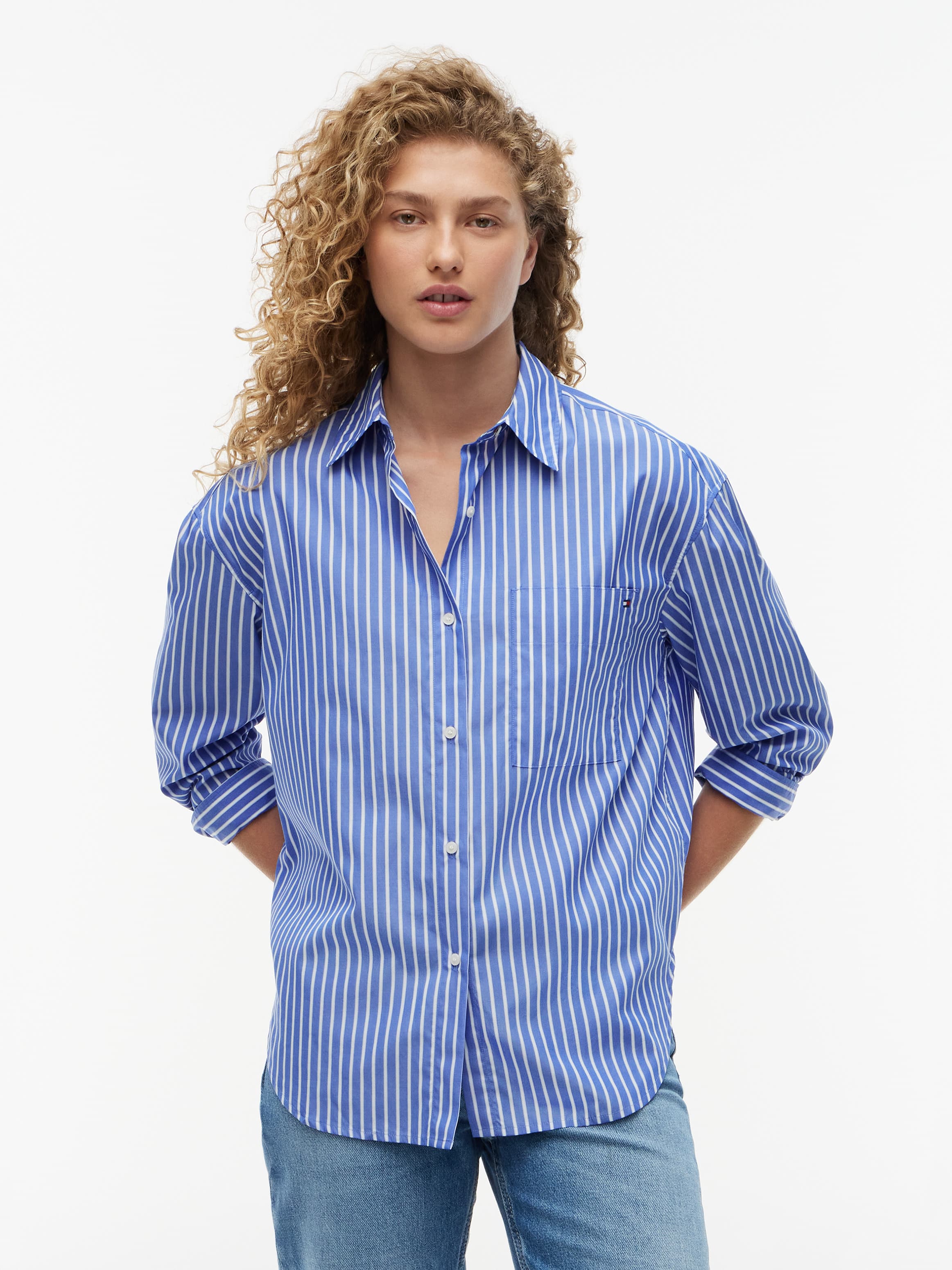 Oversized Fit Stripe Shirttail Hem Poplin Shirt