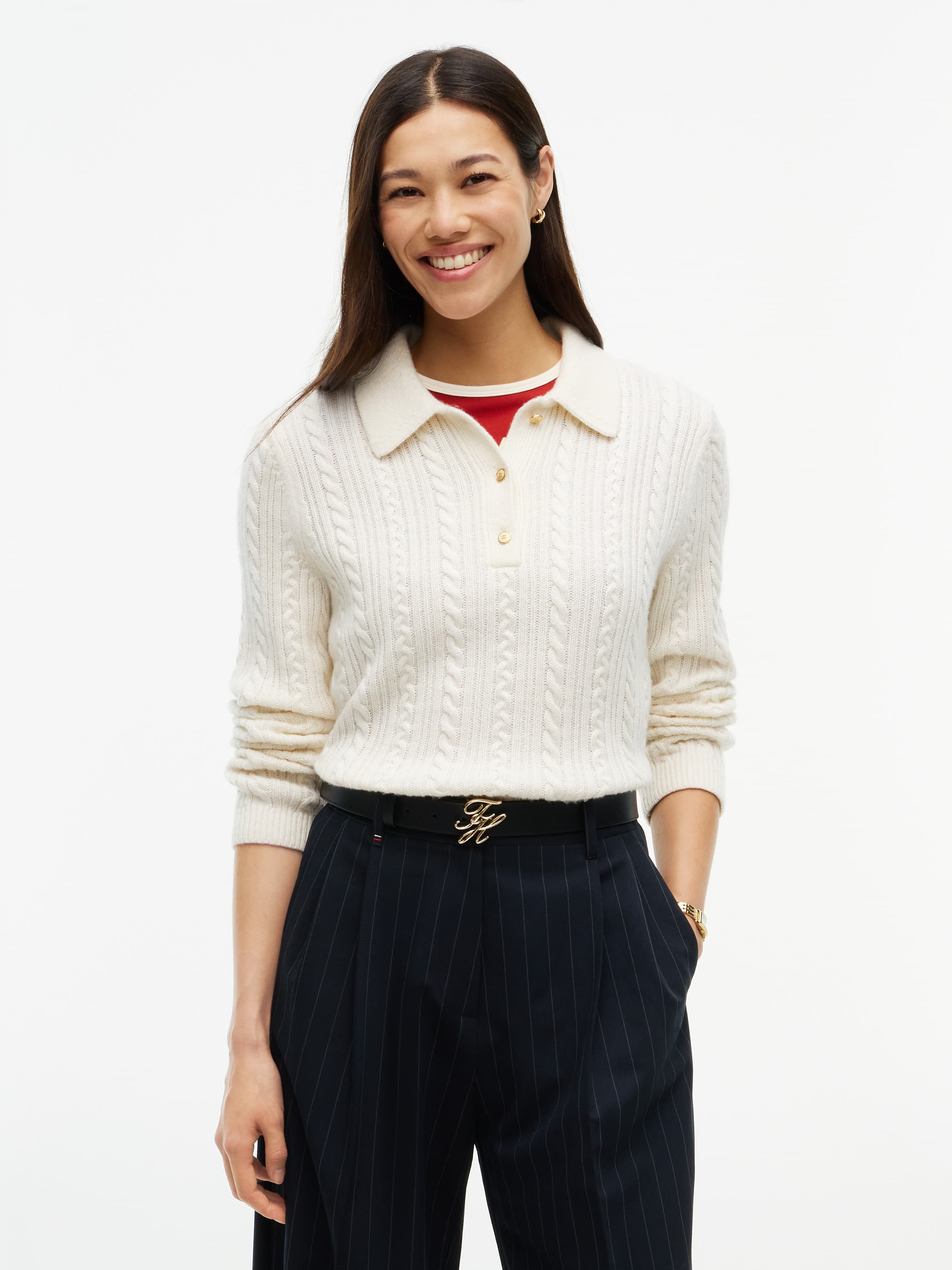 Wool Blend Cable Knit Polo Jumper