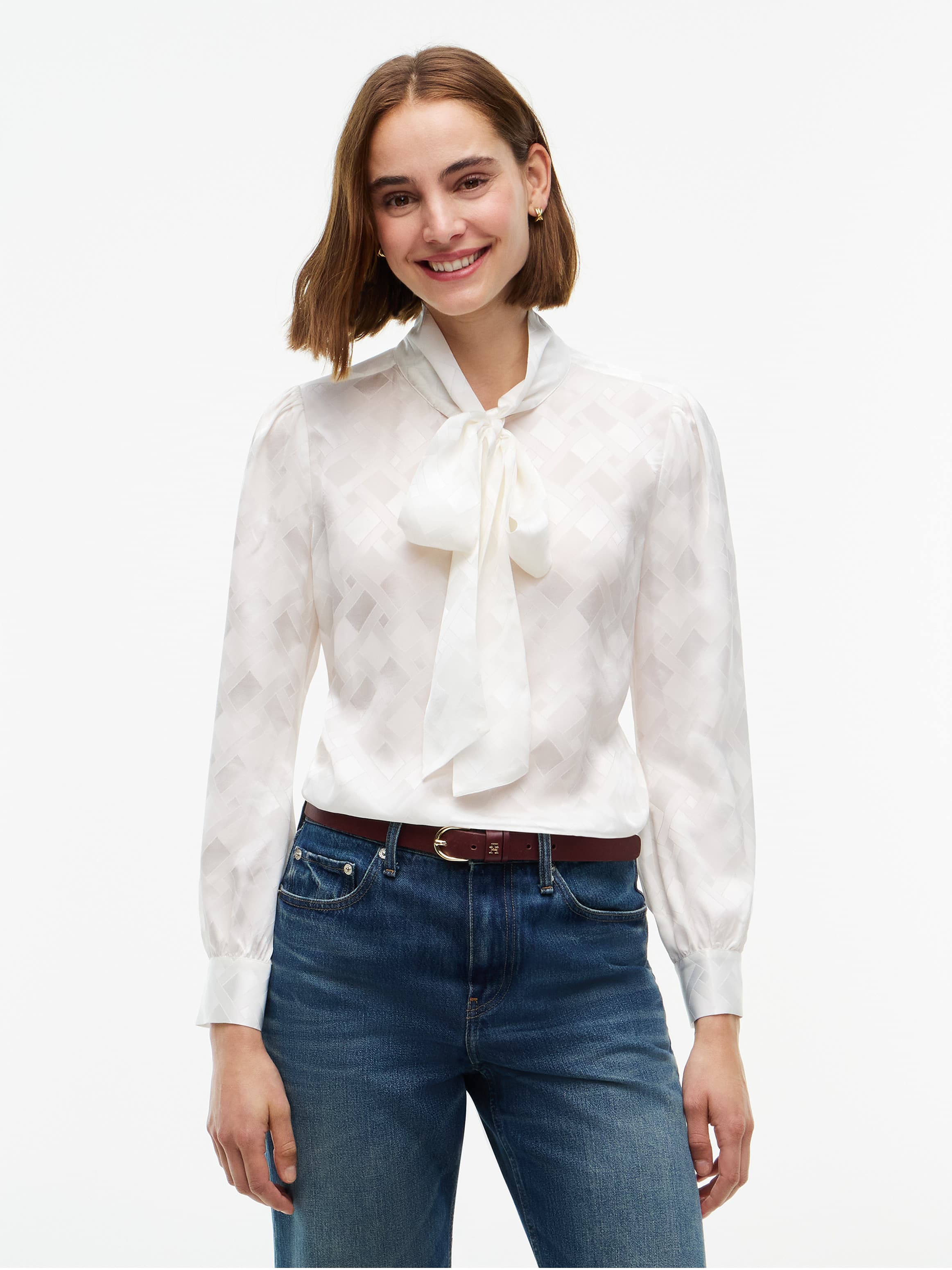 Regular Fit Tie Neck Jacquard Shirt
