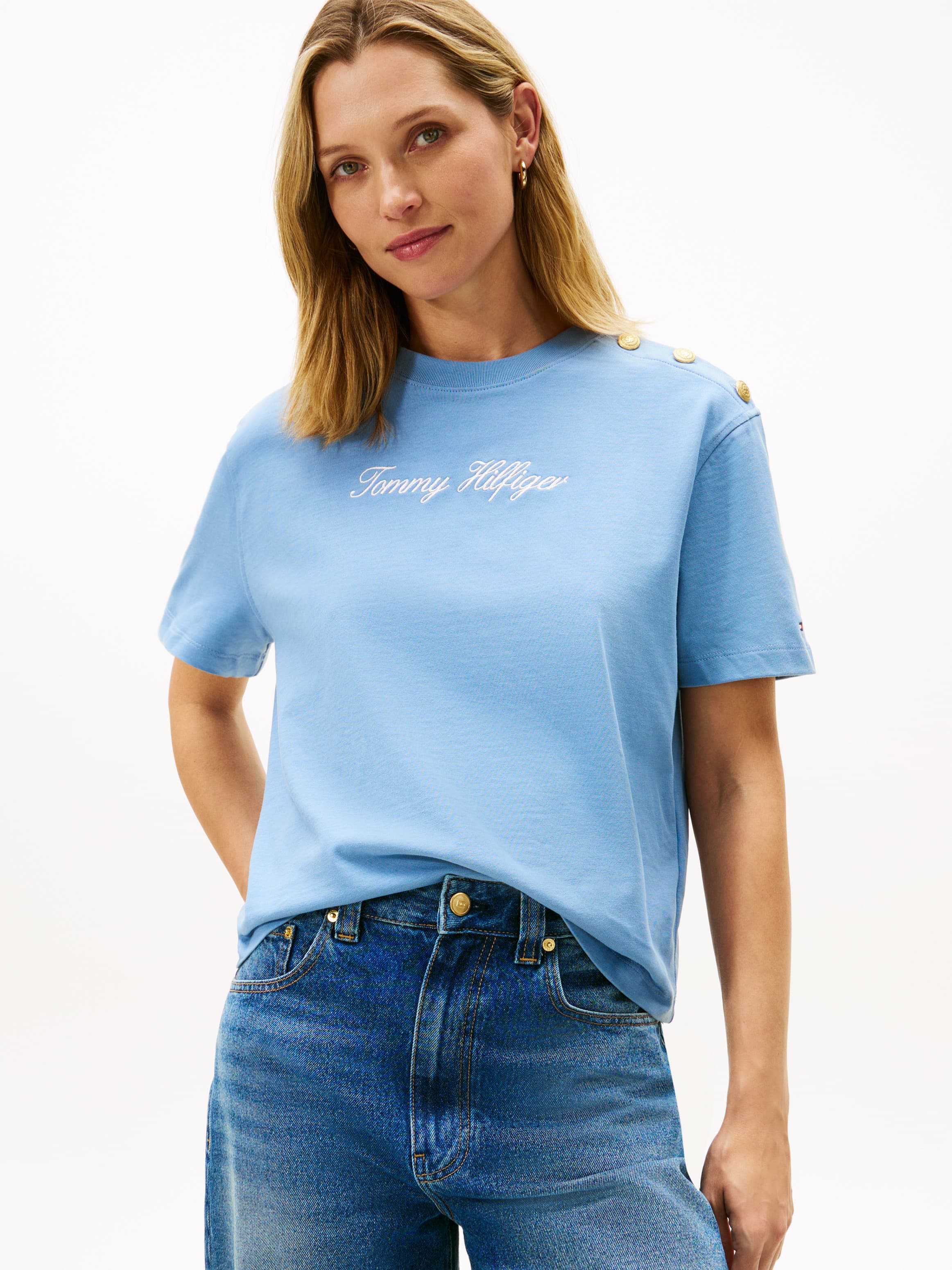 Gold-Tone Button Logo Embroidery Relaxed T-Shirt