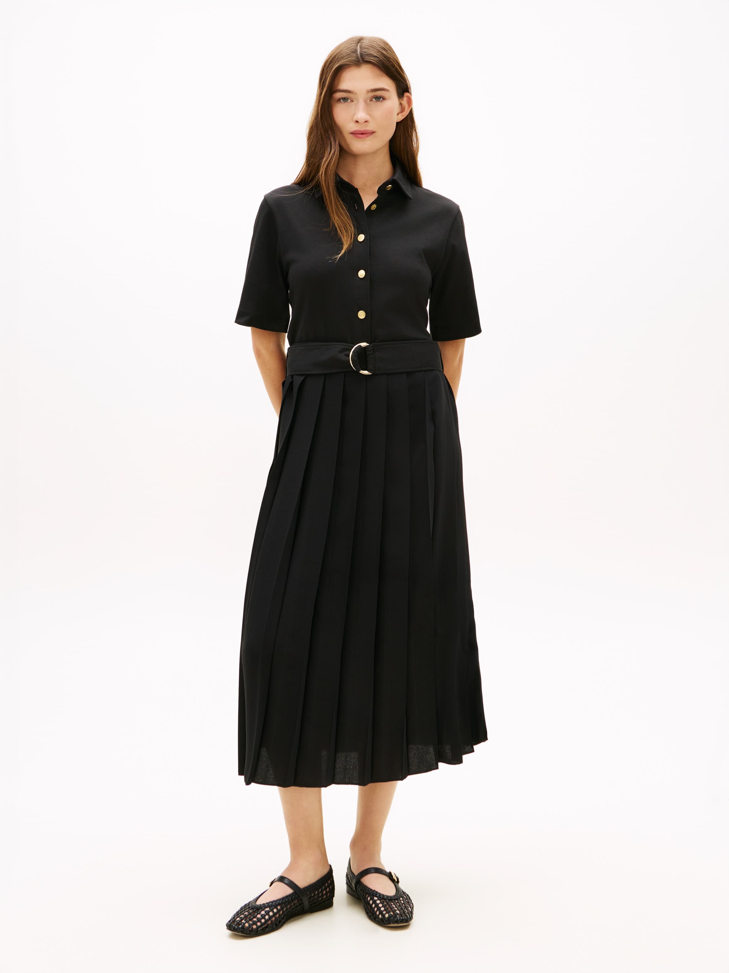 Gold-Tone Button Midi Shirt Dress