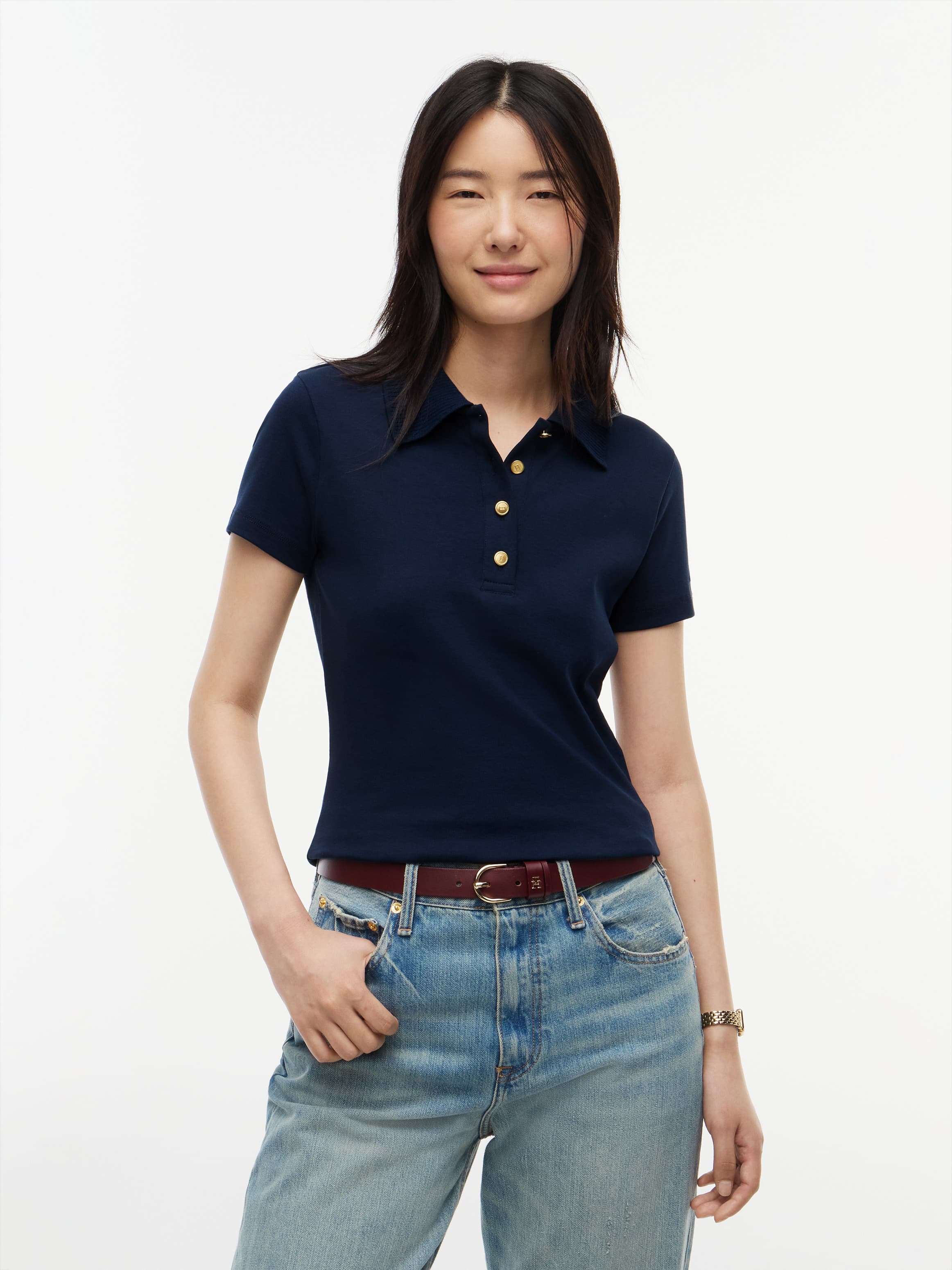Slim Fit Gold-Tone Button Polo Shirt